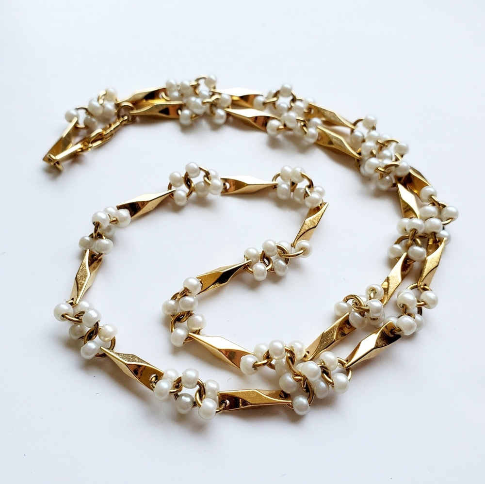 Vintage Clustered Mini Pearl Necklace 10K Vermeil Dimensional Gold Chain Links
